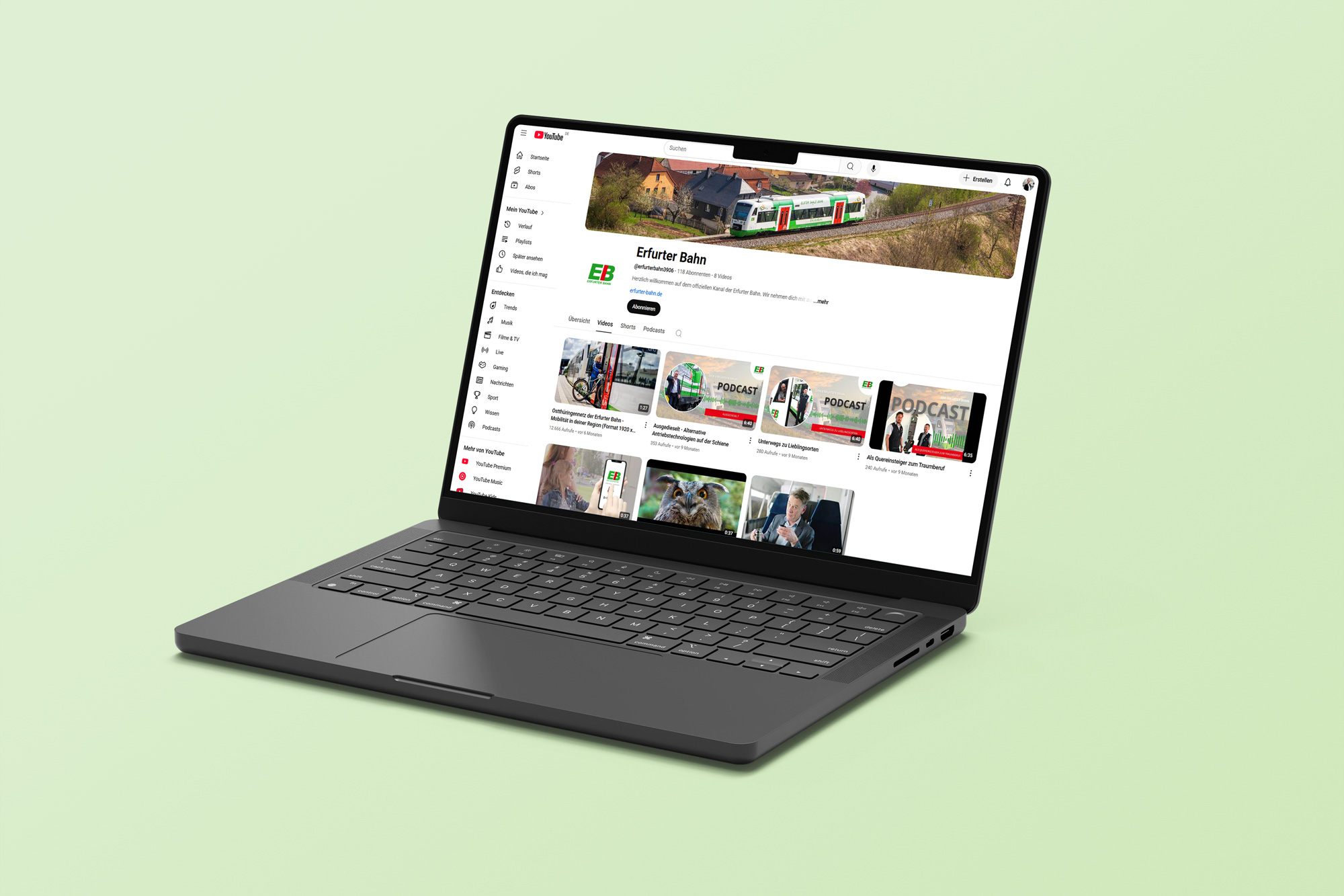 Startseite des YouTube-Channels der Erfurter Bahn mit Vorschaubildern zu Videobeiträgen