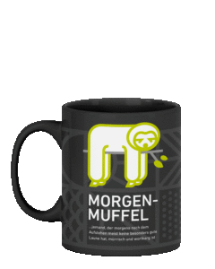 dunkle Tasse mit Faultier und aufsteigendem Dampf