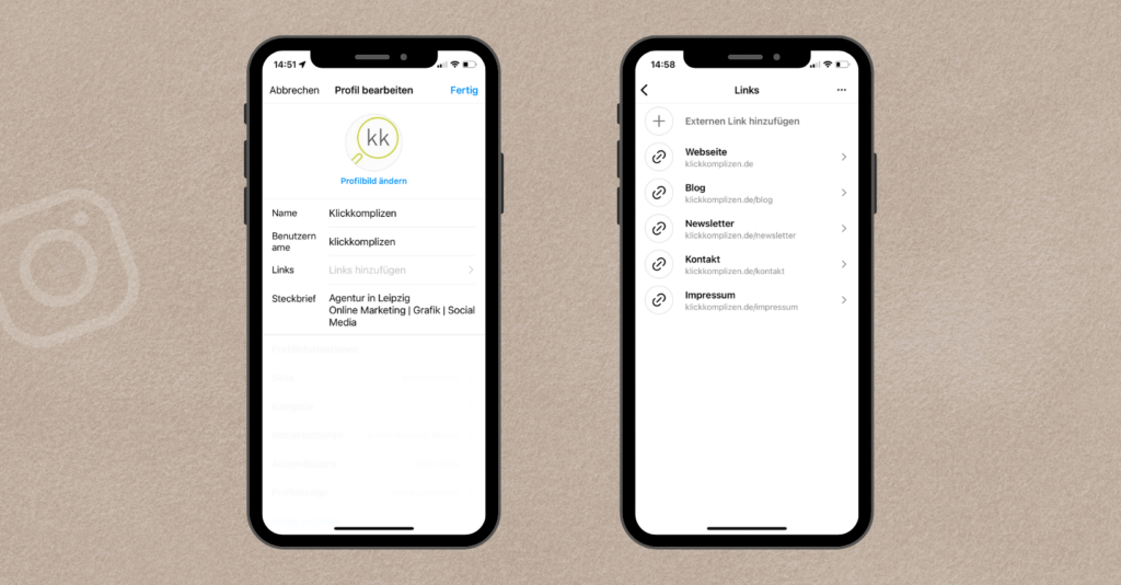 Links im Instagram-Profil - Einrichtung