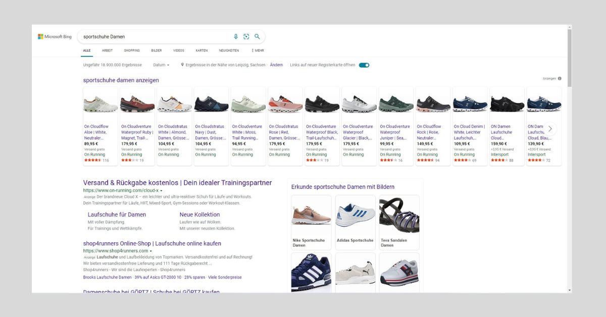 Beispiel Microsoft Ads in der Bing Suche „Sportschuhe Damen“ | Quelle: Microsoft | Stand 24.01.2023