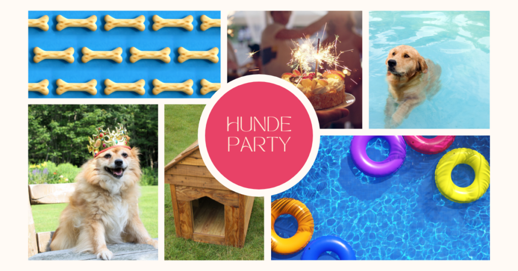 Pinterest Predicts - Hunde-Poolparty Mood Board mit Hundbildern, Pool, Kuchen und Hundehütte
