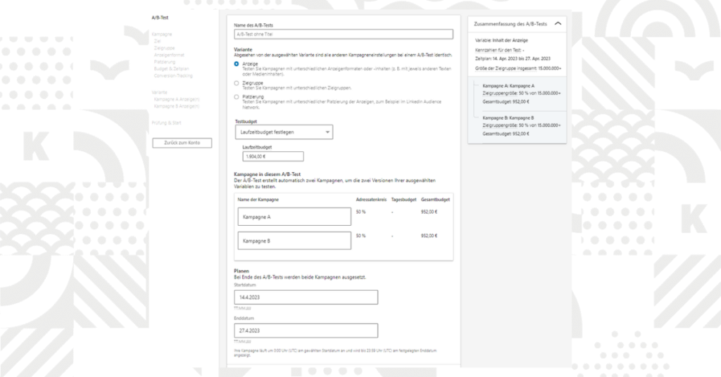 A/B-Tests: Optionen und Möglichkeiten | Quelle: LinkedIn | Stand: 13.04.2023