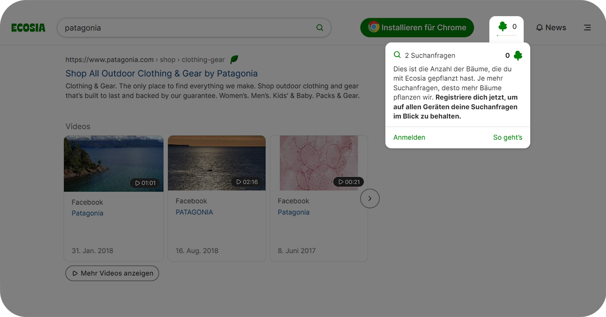 Screenshot einer Suche über Ecosia