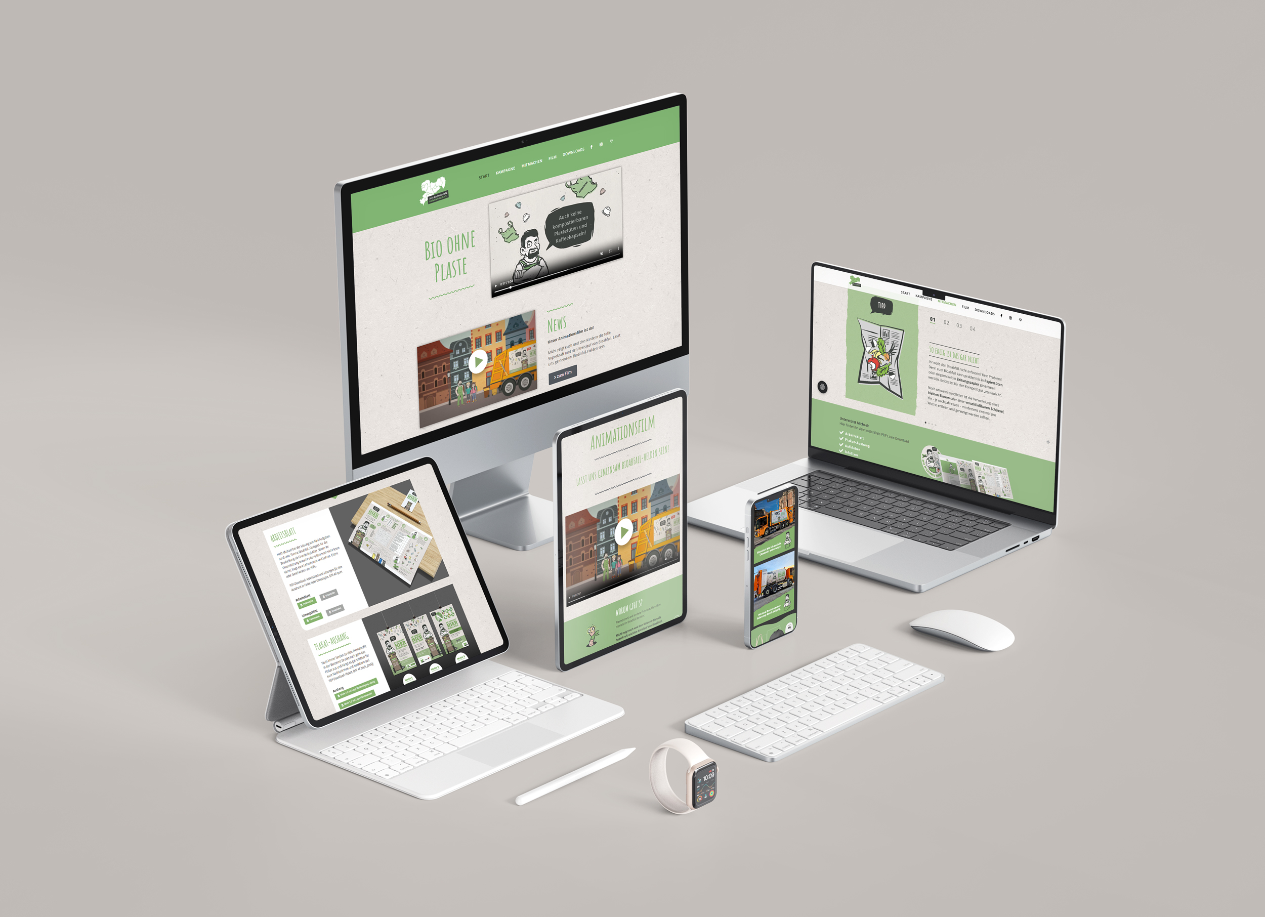 Mockup der Landingpage www.bio-ohne-plaste.de mit verschiedenen responsiven Geräten als isometrische Darstellung
