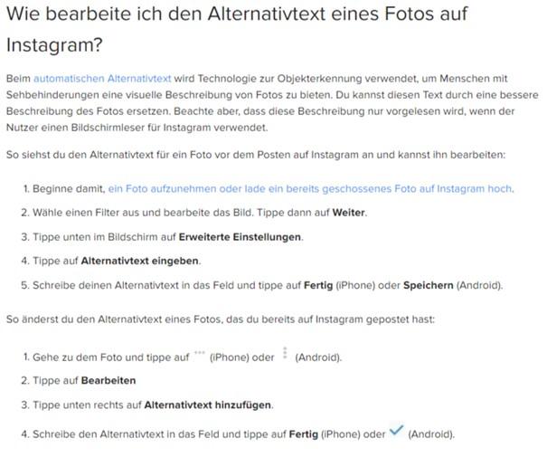 Screenshot mit Anleitung zum barrierefreien Posten auf Instagram