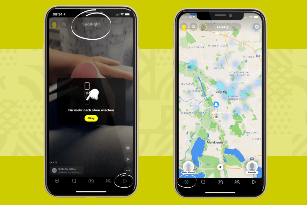 Snapchat Spotlight: der Button ist unten rechts zu finden. | Snapchat Map: der Button ist unten links zu finden.